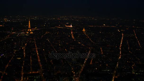 Luchtfoto Van Parijs Met Gebouwen Monumenten Nacht Verlicht — Stockvideo