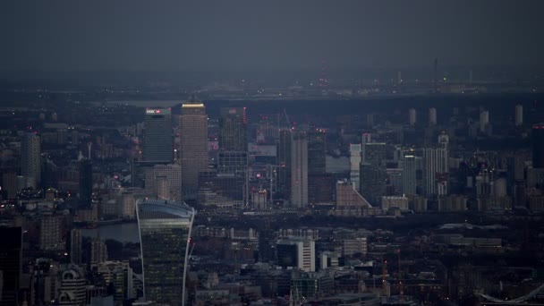 London Februari 2017 Flygfoto Över Canary Wharf Natten Och Med — Stockvideo