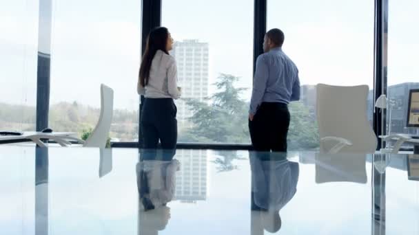 商务男女在大办公室橱窗前聊天 — 图库视频影像