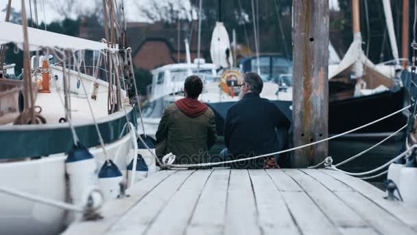 の父および平和を楽しんでいる息子時間桟橋の上に座って チャット — ストック動画