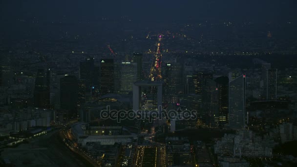 Gece Havadan Görünümü Paris Défense Merkezleri Binalarda Ile — Stok video
