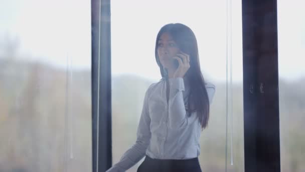 Femme Affaires Malheureuse Parlant Téléphone Seul Dans Son Bureau — Video