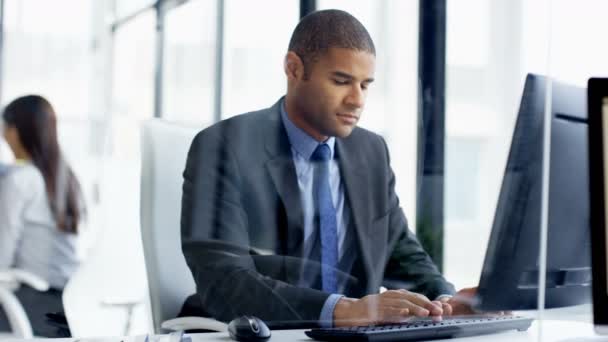 Business Man Vrouw Het Bureau Bespreken Van Informatie Het Computerscherm — Stockvideo