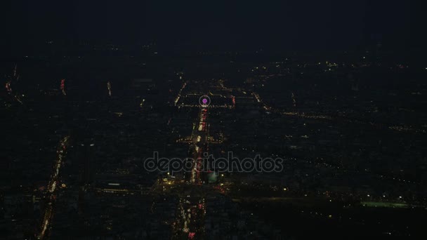 Nacht Luchtfoto Van Parijs Met Focus Arc Triomphe Grande Roue — Stockvideo