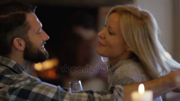 Portrait Romantic Smiling Couple Relaxing Wine Front Open Fire — Stock Video