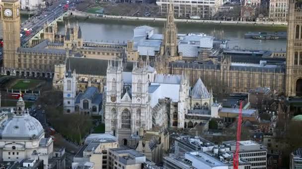 Luchtfoto Hierboven Beroemde Bezienswaardigheid Big Ben Houses Parliament Londense City — Stockvideo