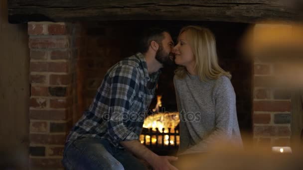 Happy Couple Relaxing Chatting Front Open Fire — Stock Video