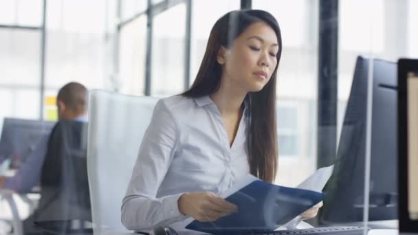 Empresária Atraente Conversando Telefone Trabalhando Computador Escritório — Vídeo de Stock