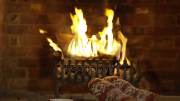 Close Feet Person Cosy Socks Warming Toes Fire — Stock Video