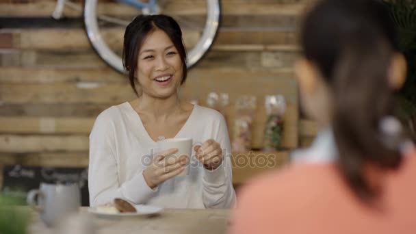 Felices Amigas Charlando Sobre Café Cafetería Moda Ciudad — Vídeo de stock