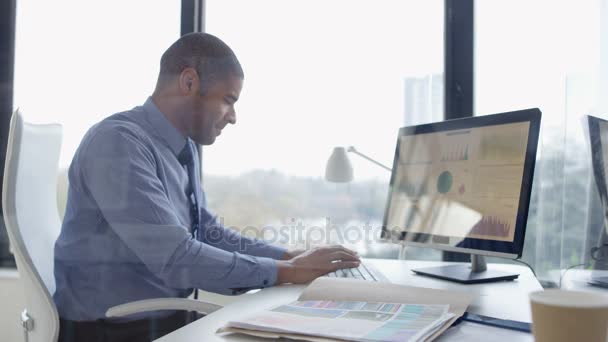 本社オフィス内のコンピューターに取り組んでいるビジネスマン — ストック動画
