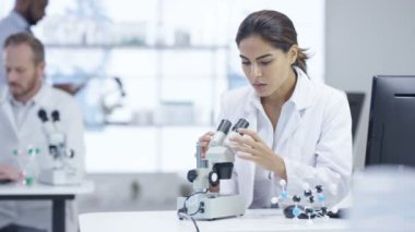 4 k tıbbi araştırma ekibi laboratuarında, bilgisayarda çalışarak, örnekleri analiz ve mikroskop arıyorsunuz