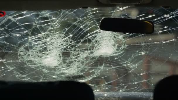 野球のバットで破壊されてフロント ガラスの内側から 表示します — ストック動画