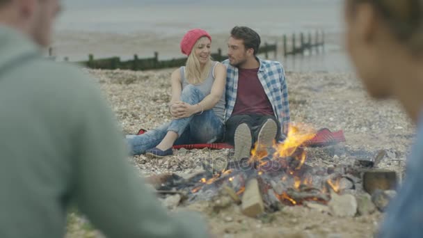 快乐的朋友围坐在沙滩上的篝火旁 年轻的情侣在聊天 — 图库视频影像