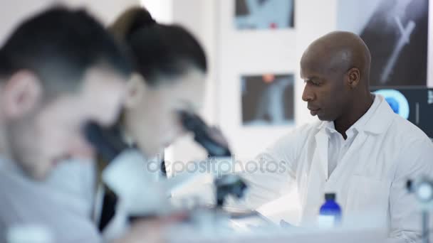 Chercheurs Scientifiques Dans Laboratoire Travaillant Avec Des Microscopes Des Tablettes — Video