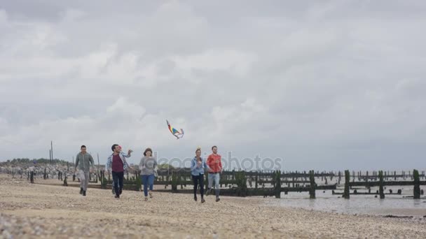Happy Friends Nongkrong Bersama Berlari Dan Bersenang Senang Pantai — Stok Video