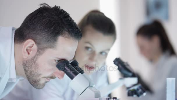 Onderzoekers Werken Het Lab Zoek Naar Microscopen Bespreken Van Resultaten — Stockvideo