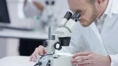 tıbbi araştırmacı laboratuarda mikroskop altında bir slayt bakarak 4k yakın çekim