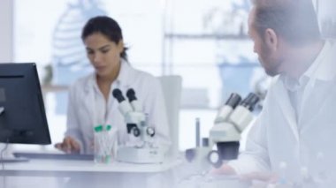 4 k tıbbi araştırma ekibi laboratuarında, bilgisayarda çalışarak, örnekleri analiz ve mikroskop arıyorsunuz
