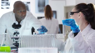 Bilimsel araştırma ekibi Laboratuvar Kimyasalları ve test tüpleri ile çalışma.
