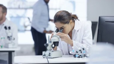 4 k tıbbi araştırma ekibi laboratuarında, bilgisayarda çalışarak, örnekleri analiz ve mikroskop arıyorsunuz