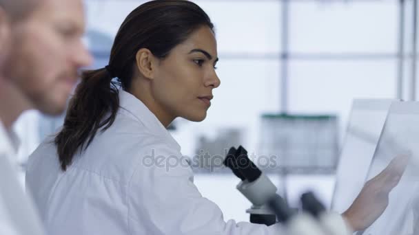 4K Chercheur médical dans le laboratoire travaillant sur ordinateur et regardant au microscope 