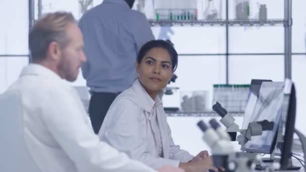 Pesquisadores Médicos Laboratório Trabalhando Computadores Discutindo Seu Trabalho — Vídeo de Stock