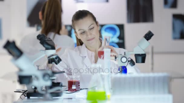在实验室工作的科研团队 专注于女性化学药物的实验 — 图库视频影像