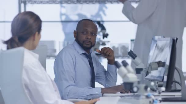 Pesquisadores Médicos Laboratório Trabalhando Computadores Discutindo Seu Trabalho — Vídeo de Stock