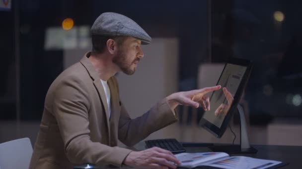 Concerned Businessman Working Late Office Looking Company Figures — Stock Video