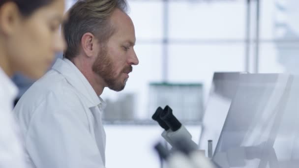 4K Chercheur médical dans le laboratoire travaillant sur ordinateur et regardant au microscope 