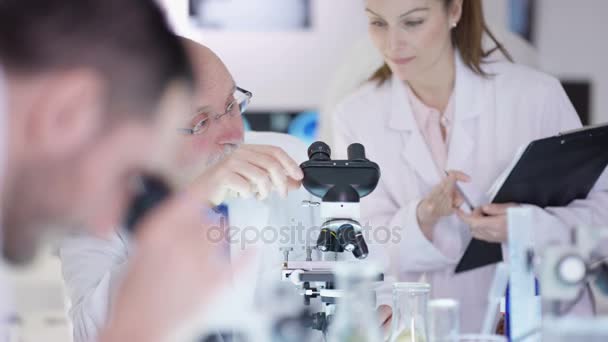 Pesquisadores Fazendo Uma Descoberta Laboratório Olhando Para Microscópio Discutindo Análise — Vídeo de Stock
