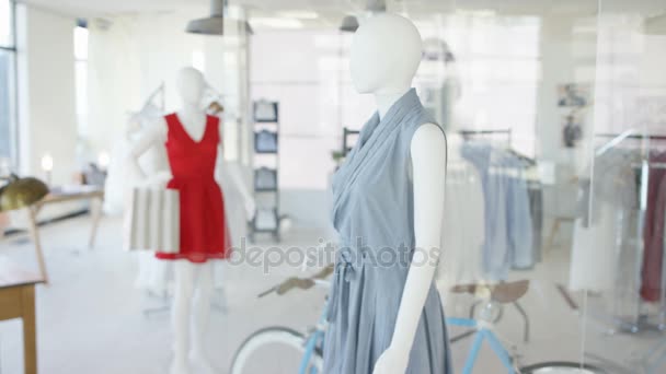 Interieur Van Een Modieuze Dameskleding Opslaan Met Kleding Rekken Mannequins — Stockvideo