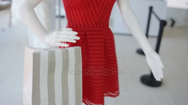 时尚女装服装店的内饰与衣架和模特儿 — 图库视频影像