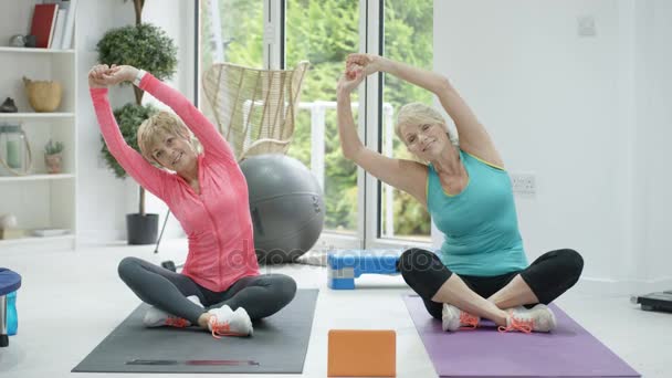 Femmes Mûres Bonne Santé Faisant Exercice Remise Forme Avec Tablette — Video