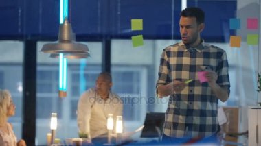 Yaratıcı iş takım modern ofis içinde yapışkan notlar ile beyin fırtınası. Genç başlangıç ortakları tartışırken iş planı şirket.