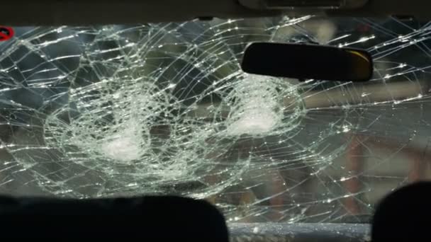 Vista Desde Interior Del Coche Parabrisas Que Rompe Con Bate — Vídeo de stock