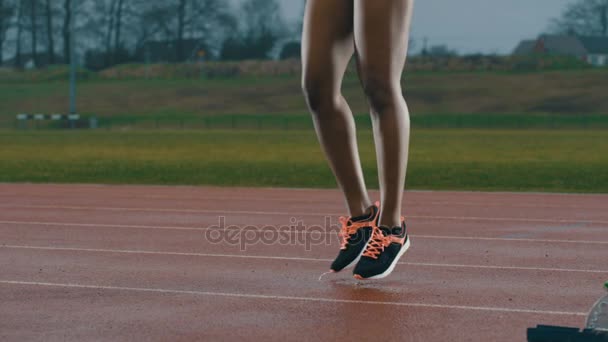 Low Angle View Female Athlete Warming Running Track Race — Stock Video