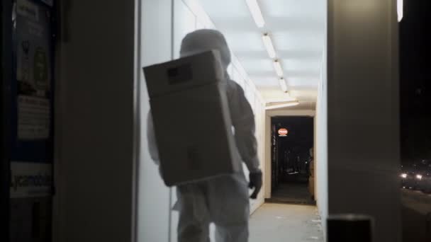 Duty Astronaut Full Space Suit Exploring City Night — Stock Video