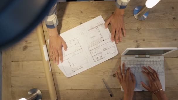 Unrecognizable Team Architects Meeting Looking Floor Plan Overhead View Looking — Stock Video