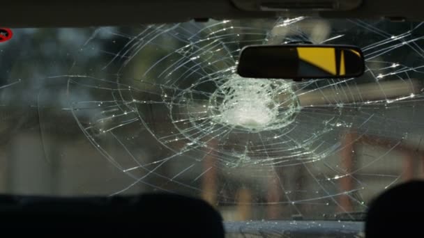 Вид Інтер Єру Автомобіля Вітрове Скло Розбивається Бейсбольною Битою — стокове відео