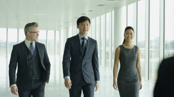 Business Teams Meet Shake Hands Large Modern Office Building — Stock Video