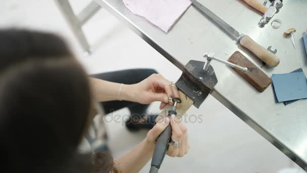 Overhead View Looking Jewelry Maker Working Studio Polishing Ring Work — Stock Video