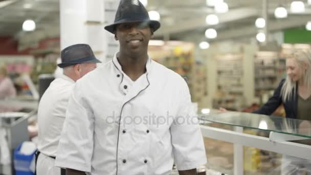 Portrait Smiling Worker Supermarket Deli Counter — Stock Video