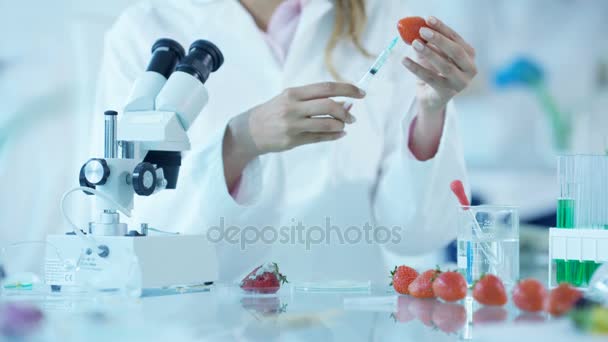 Food Science Naukowców Pracuje Laboratorium Kobieta Wstrzykiwanie Substancji Chemicznych Owoców — Wideo stockowe