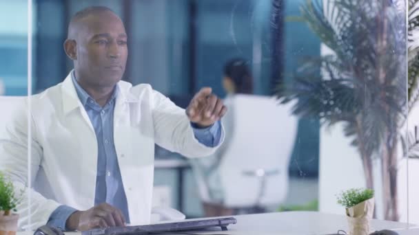 Male Scientist White Coat Using Interactive Touch Screen Modern Lab — Stock Video