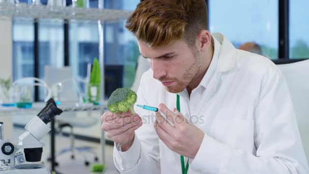 Pesquisadores Ciência Alimentar Laboratório Homem Injetando Produtos Químicos Broccolli — Vídeo de Stock