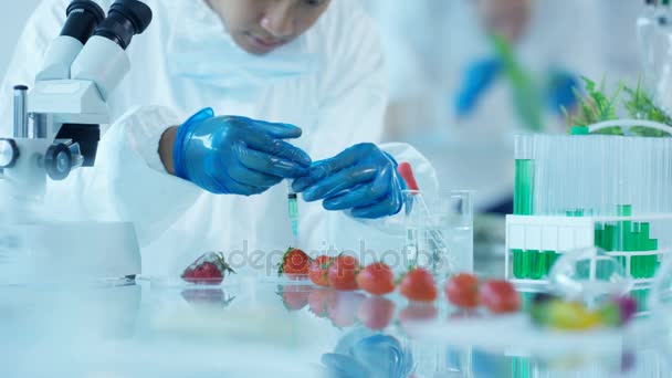 Pesquisadores Ciência Alimentar Trabalhando Laboratório Homem Injetando Produtos Químicos Frutas — Vídeo de Stock