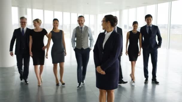 Retrato Feliz Equipo Negocios Multirracial Gran Oficina Planta Abierta — Vídeo de stock