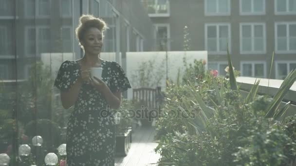 Attraktive Frau Entspannen Auf Der Dachterrasse Der Stadt Garten Und — Stockvideo